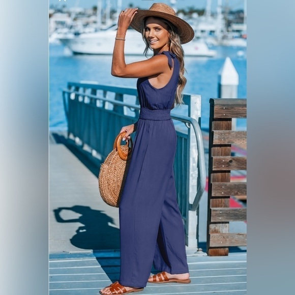 Cupshe Blue Sleeveless Tie Shoulder Wide Leg Jumpsuit Sz S - Picture 2 of 10